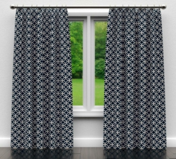 D1065 Navy Geometric drapery fabric on window treatments