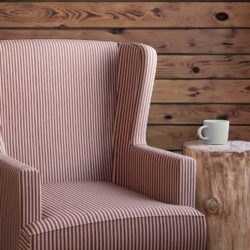 D2587 Ticking Crimson fabric upholstered on furniture scene