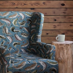 D2679 Fishing Aqua fabric upholstered on furniture scene