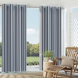 D982 Navy Stripe drapery fabric on window treatments
